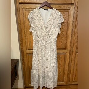 Flowy white floral dress, faux wrap